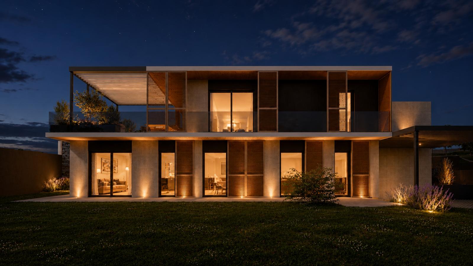 Rendering serale di una dimora di Rocca degli Ulivi con le luci accese dietro le schermature in legno