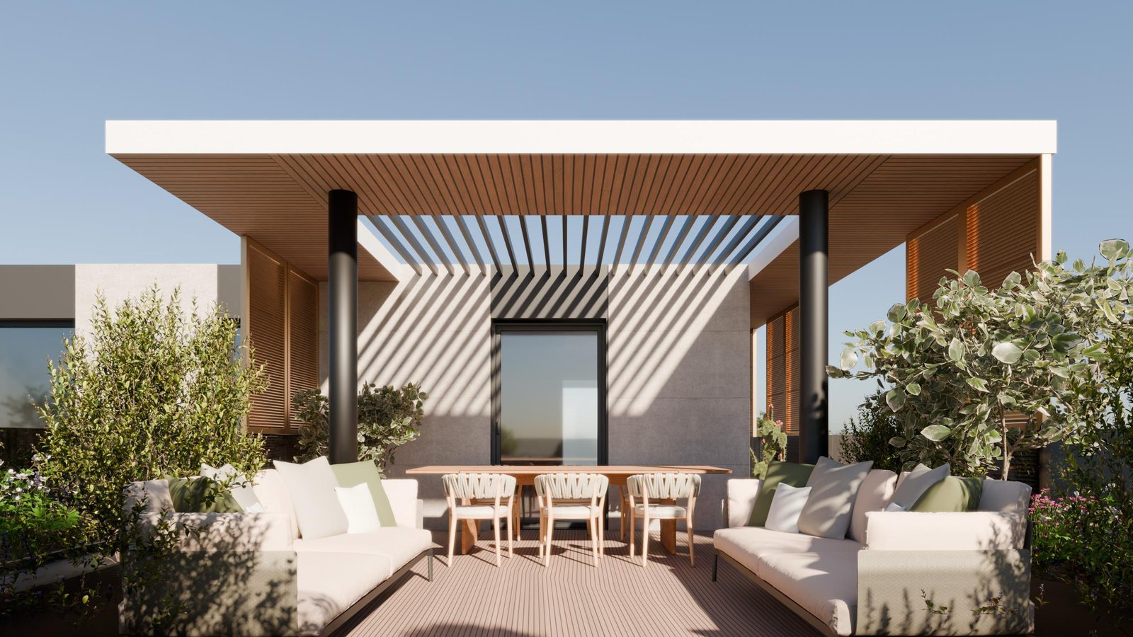 Rendering della terrazza coperta con pergola di Rocca degli Ulivi