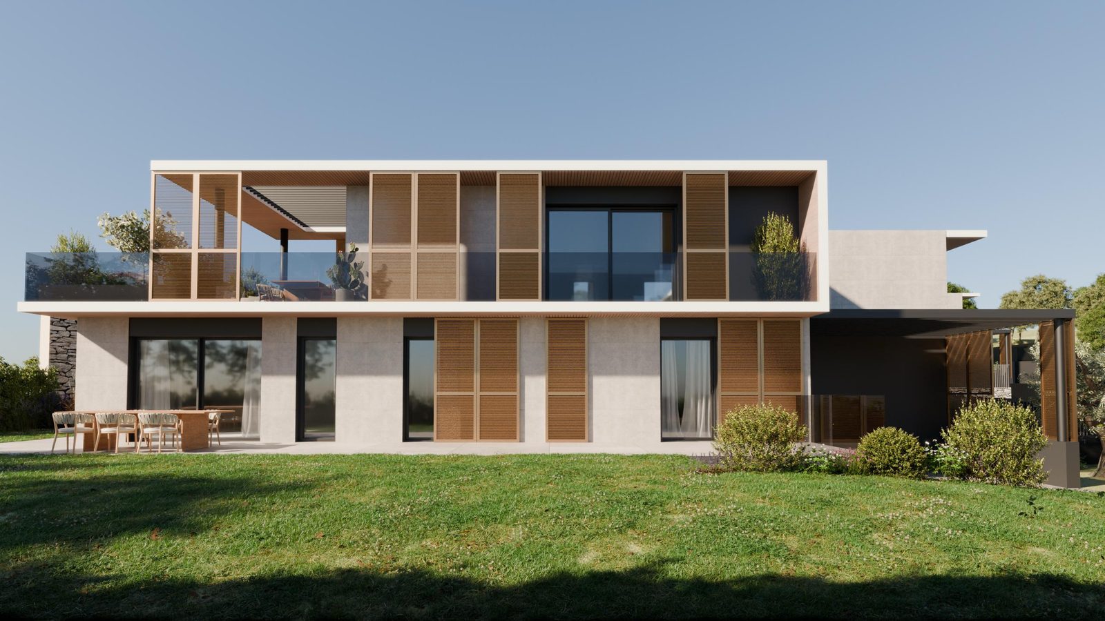 Rendering di una dimora di Rocca degli Ulivi sul prato, con le schermature in legno e le grandi vetrate